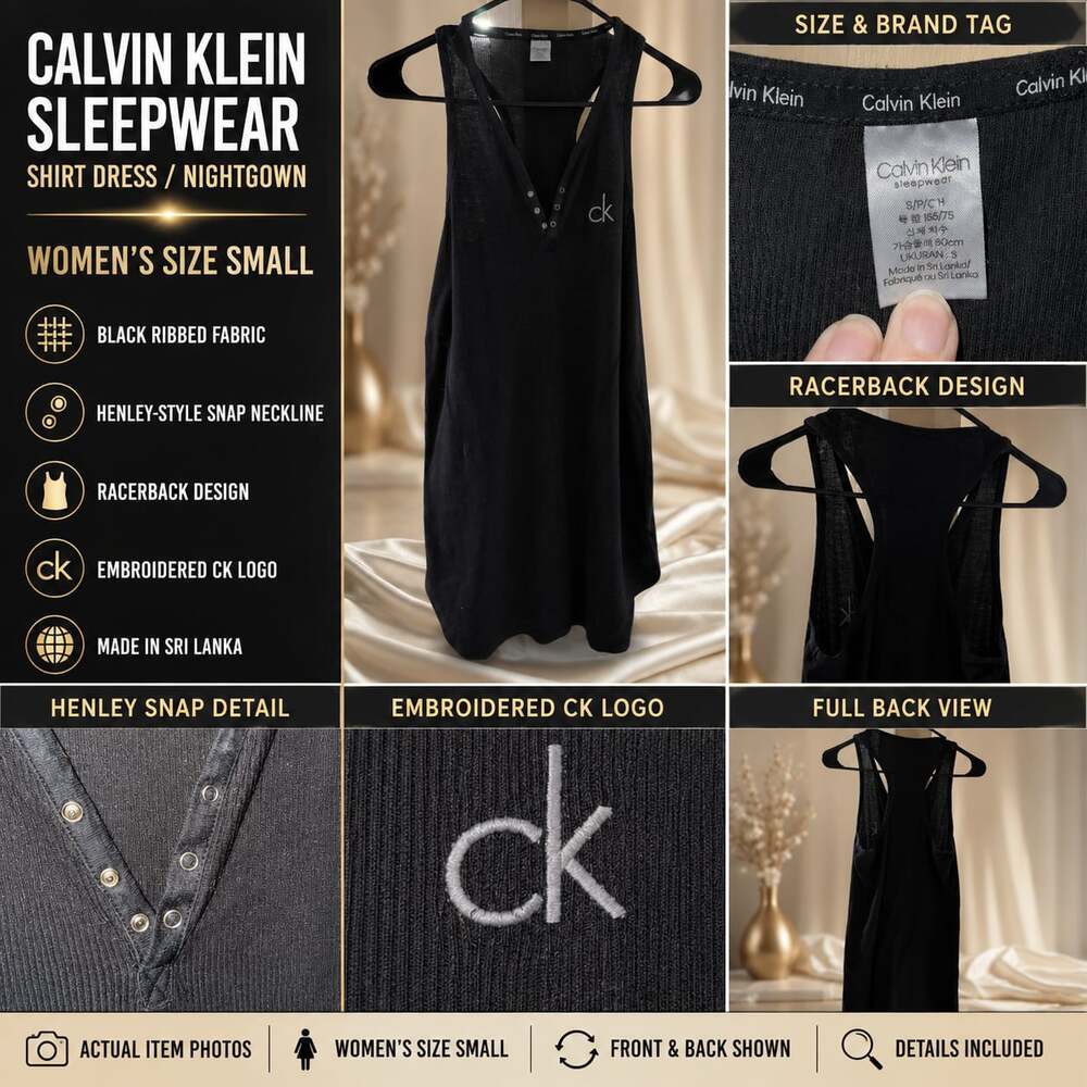 Calvin Klein Sleepwear Black Ribbed Racerback Henley Snap Shirt Dress Nightgown